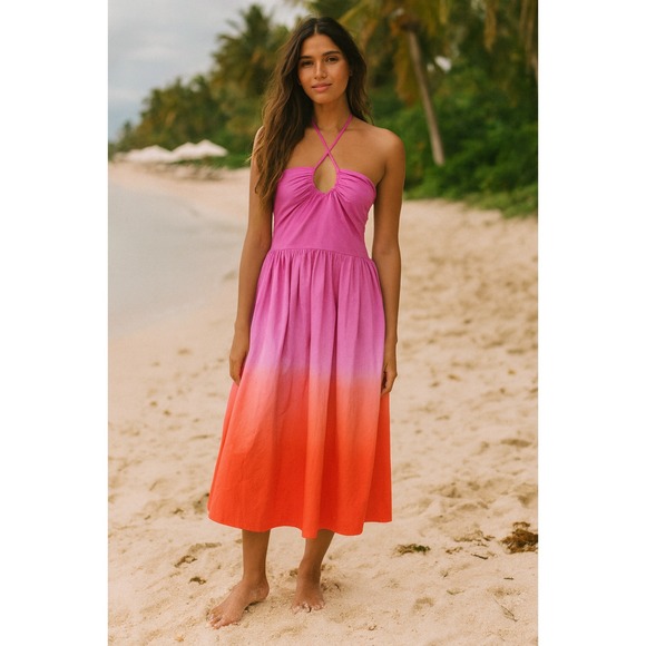 NWT WKND WYFR Ravin Dress Medium Pink Orange Ombre Halter Smocked Midi Tie Dye - Picture 1 of 12